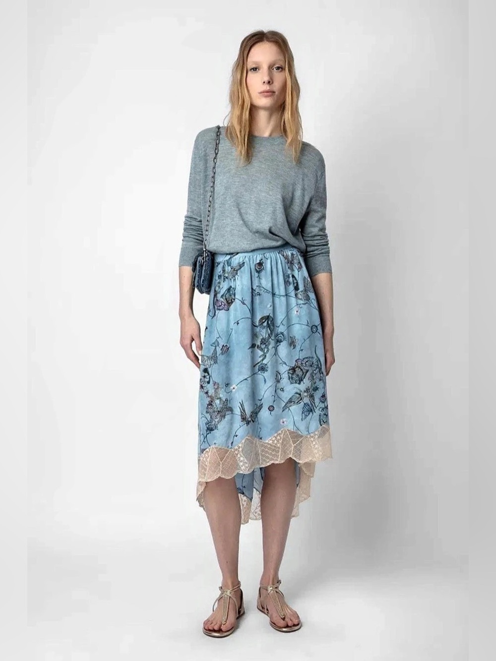Zadig & Voltaire Joslin Floral and Graphic Midi Skirt Blue with Cream Lace